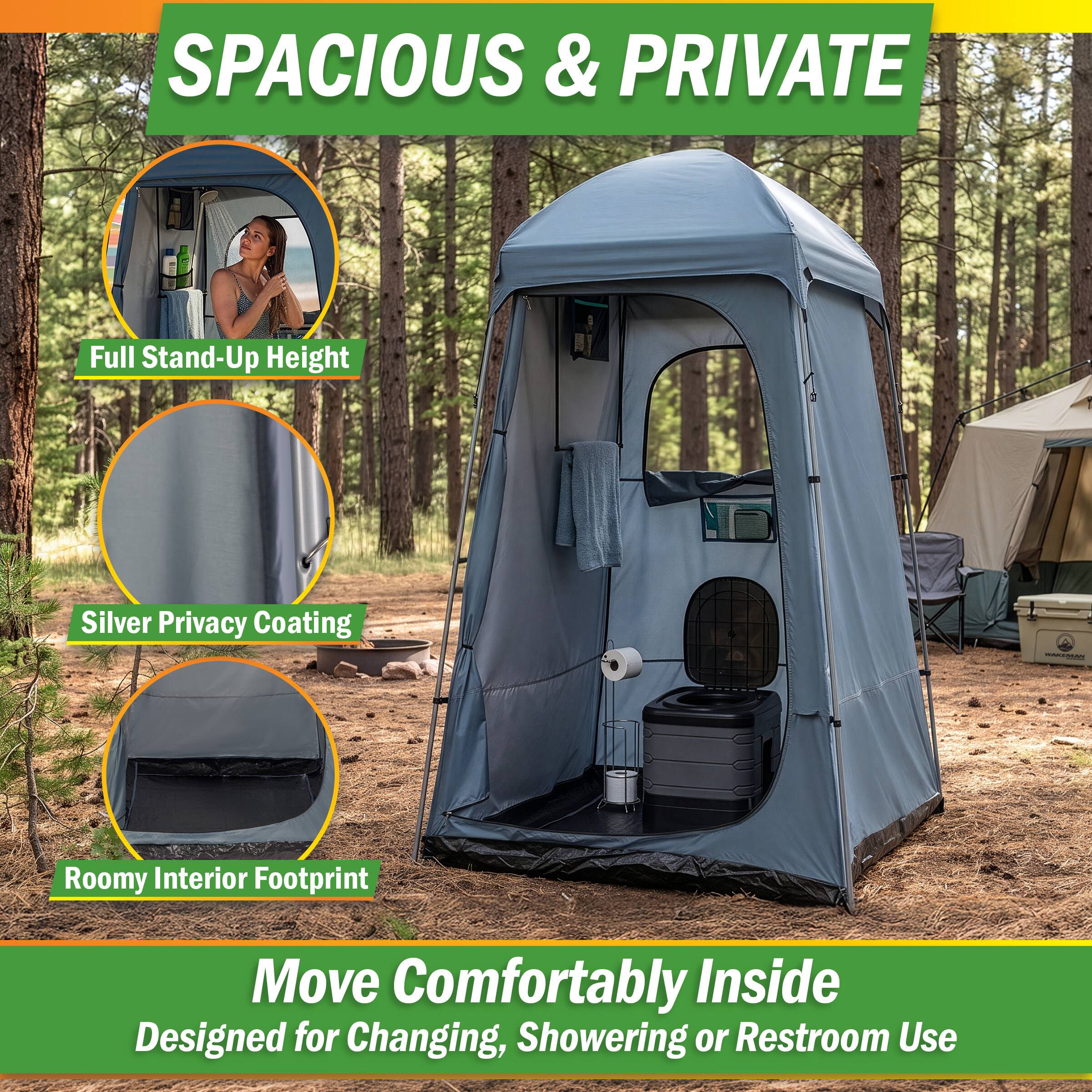 SPACIOUS & PRIVATE

Full Stand-Up Height

Silver Privacy Coating

Roomy Interior Footprint

Move Comfortably Inside
Designed for Changing, Showering or Restroom Use