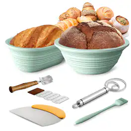 PAIHOME - Silicone Proofing Basket Set for Sourdough Bread Baking - Food-Grade, Foldable, Dishwasher Safe, Heat Resistant to 450℉ - Green
