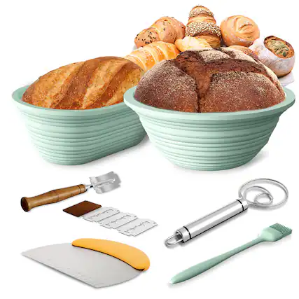 Front. PAIHOME - Silicone Proofing Basket Set for Sourdough Bread Baking - Food-Grade, Foldable, Dishwasher Safe, Heat Resistant to 450℉ - Green.