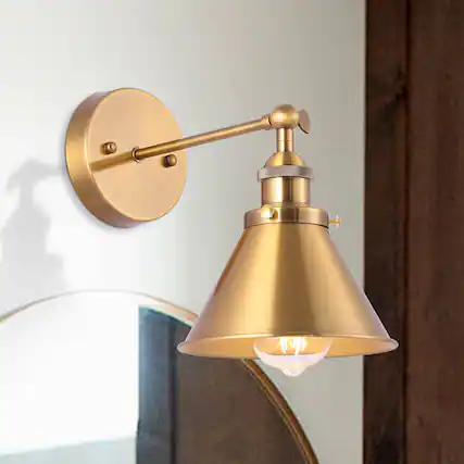 Front. Parrot Uncle - 7" W Industrial Brass Wall Sconce with Metal Cone Shade - Brass.