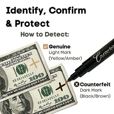 Identify, Confirm & Protect

How to Detect:

Genuine
Light Mark (Yellow/Amber)

Counterfeit
Dark Mark (Black/Brown)