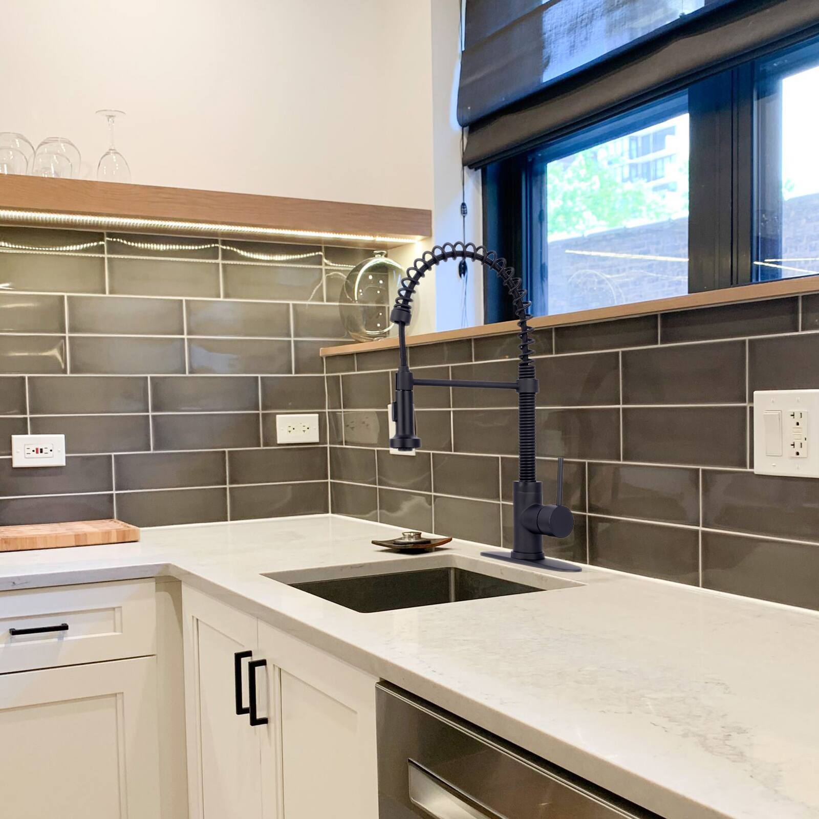 Alt View 7. Akicon - Akicon Pre-Rinse Spring Single Handle Solid Brass Kitchen Faucet with Pull Down Sprayer in Matte Black - Matte Black.