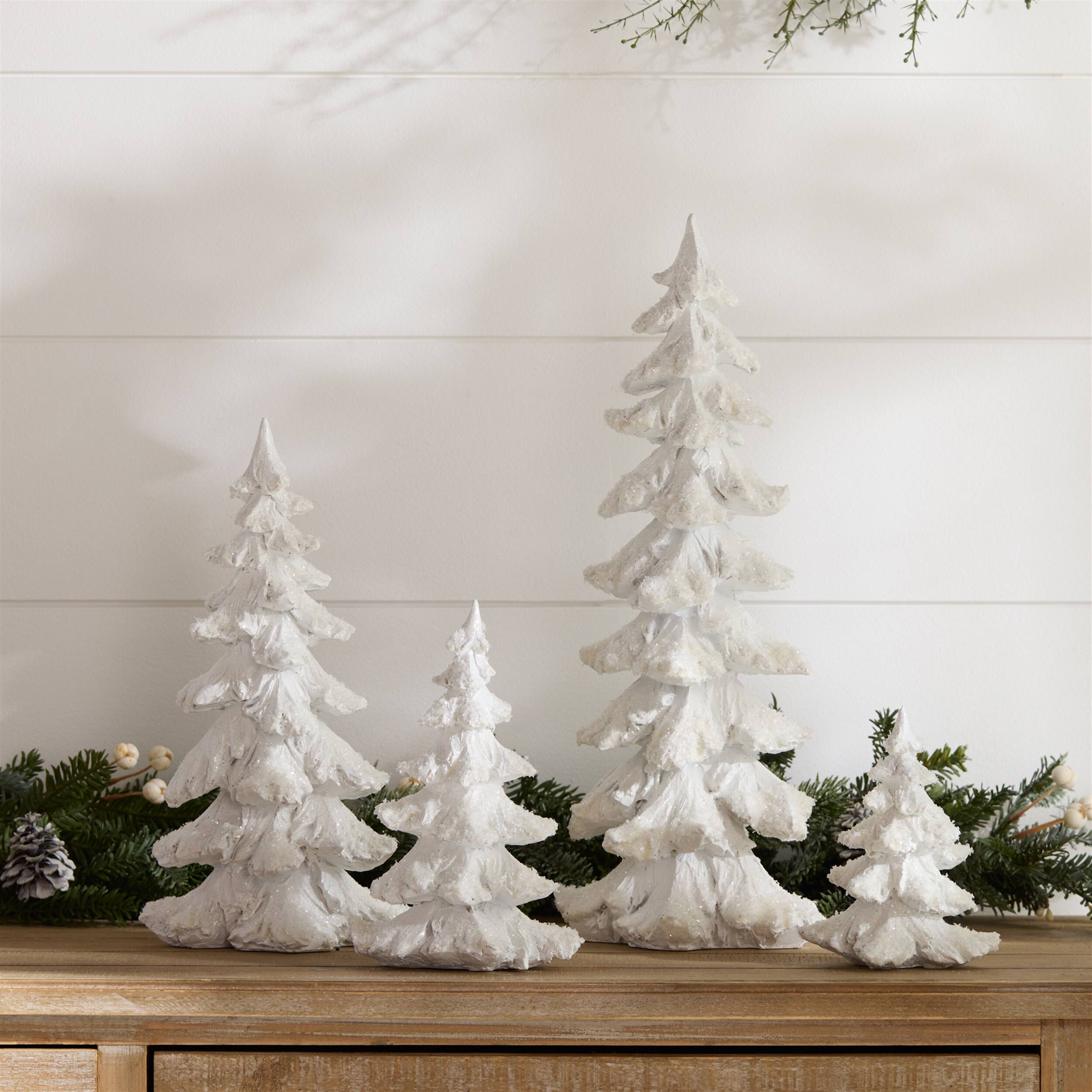 Alt View 4. BreeBe - Flocked White Pine Tree with Carved Design (Set of 4) - White.