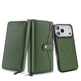 Dteck - RFID Leather Wallet Phone Case for Apple iPhone 17 Pro Max, Magnetic Detachable Card Holder Cover with Wrist Strap - Green