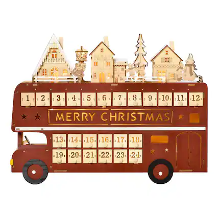 Front. TinyHomie - HOMCOM Light Up Wooden Bus Christmas Advent Calendar Countdown Drawer - Red.