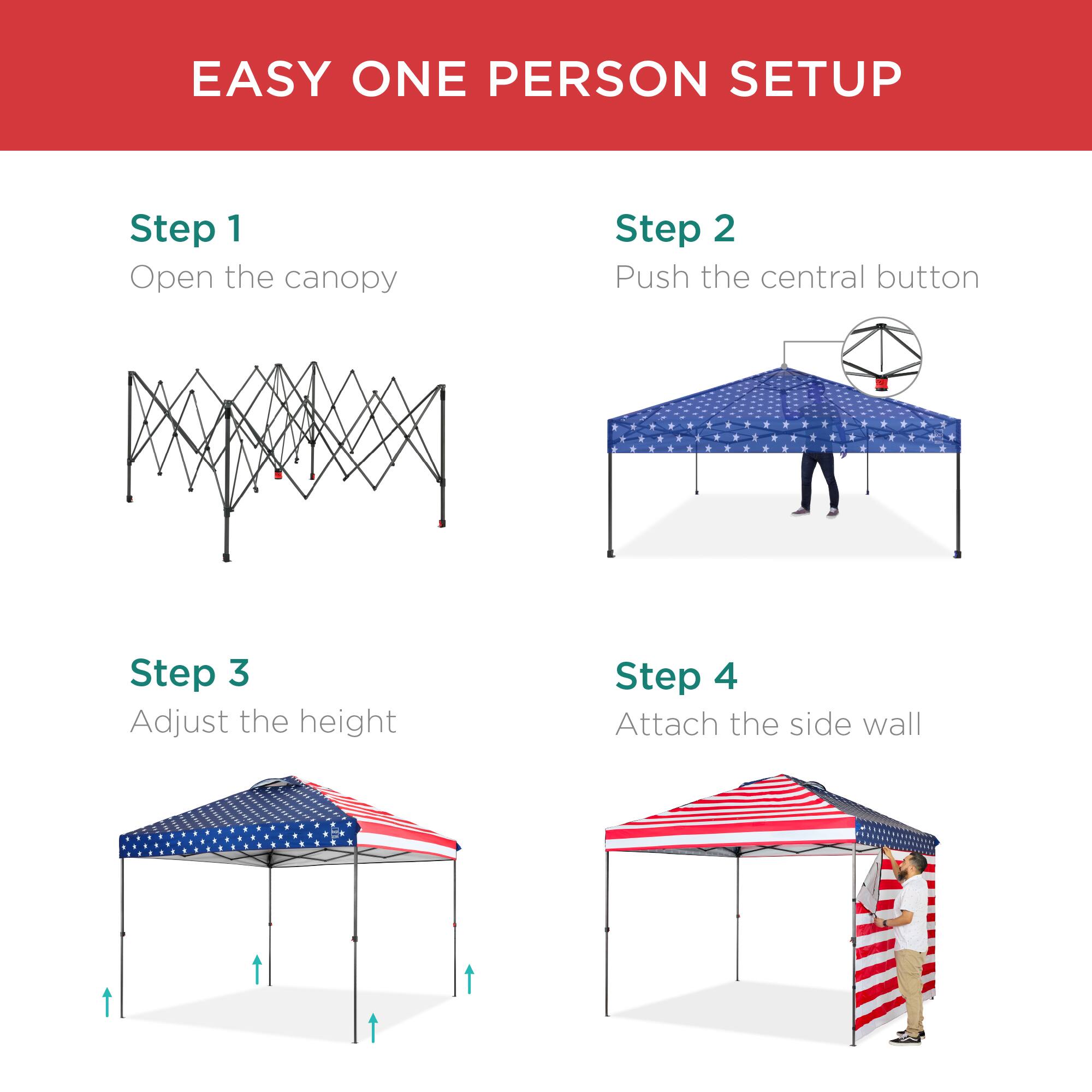 EASY ONE PERSON SETUP

Step 1  
Open the canopy

Step 2  
Push the central button

Step 3  
Adjust the height

Step 4  
Attach the side wall
