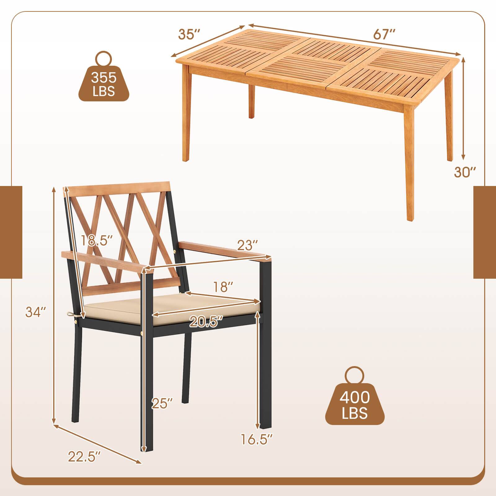 35" x 67" table with 30" height, 355 LBS weight capacity

18.5" x 23" x 18" x 20.5" x 25" x 34" chair with 16.5" height, 400 LBS weight capacity