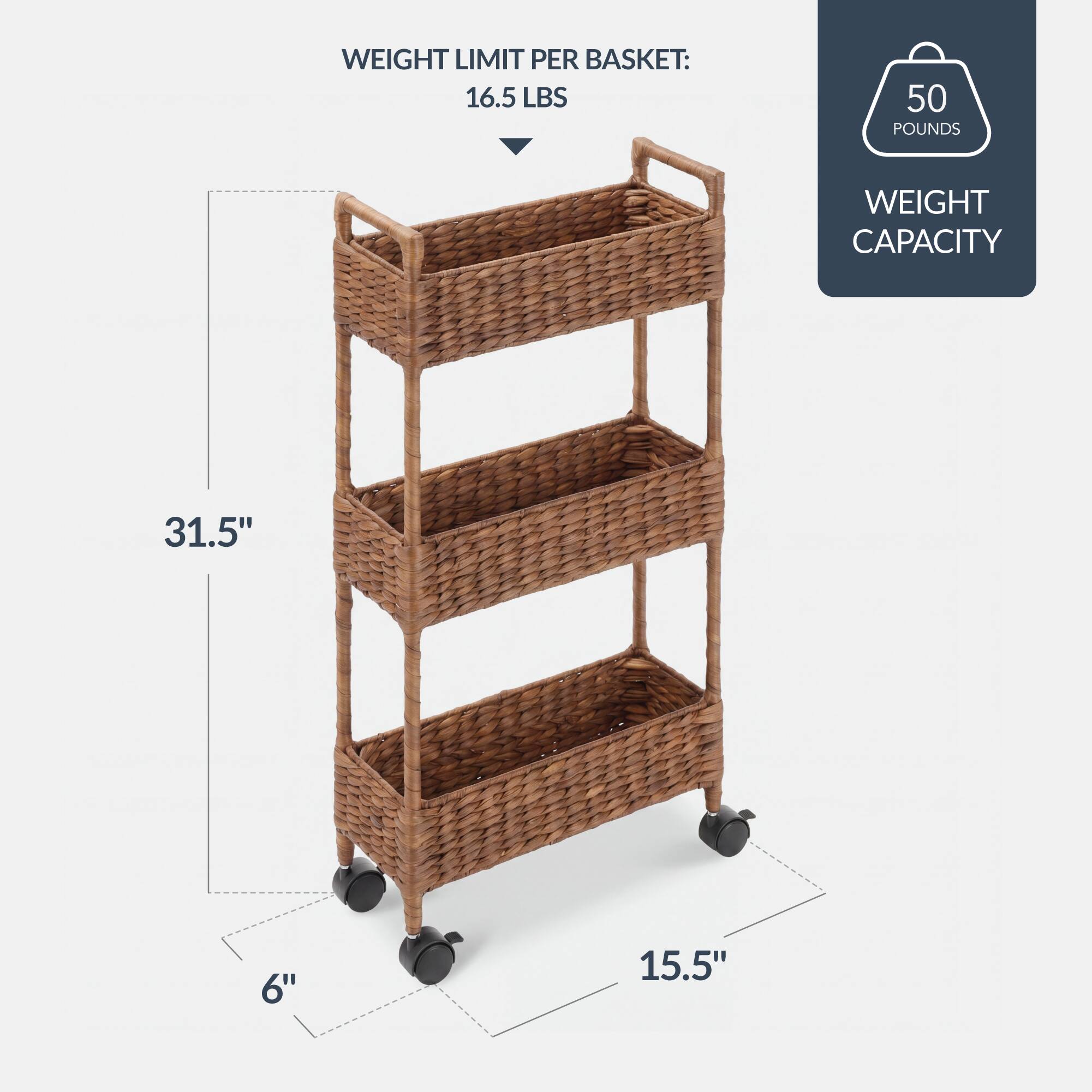 WEIGHT LIMIT PER BASKET: 16.5 LBS  
50 POUNDS WEIGHT CAPACITY  
31.5"  
6"  
15.5"
