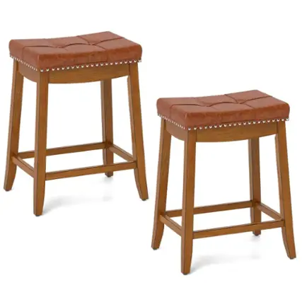 Costway Saddle Bar Stools Set of 2 with PU Leather Seat Solid Rubber Wood Frame Footrest - Brown