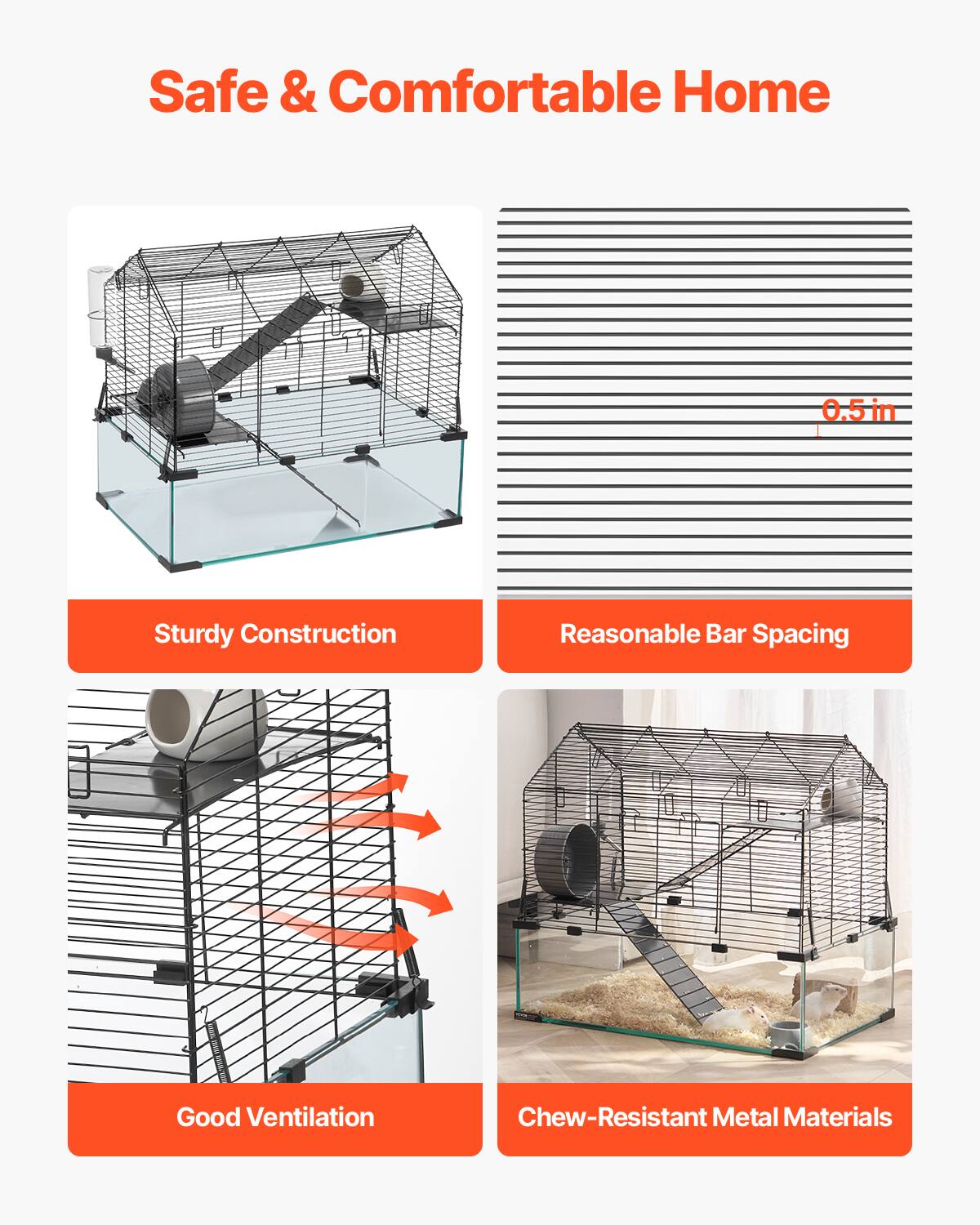 Safe & Comfortable Home

- Sturdy Construction
- Reasonable Bar Spacing (0.5 in)
- Good Ventilation
- Chew-Resistant Metal Materials