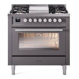 ILVE - Professional Plus II Series 36 in. Dual Fuel Range with 6 Sealed Burners + Griddle (Natural Gas, Satin Trim) - Graphite Matte