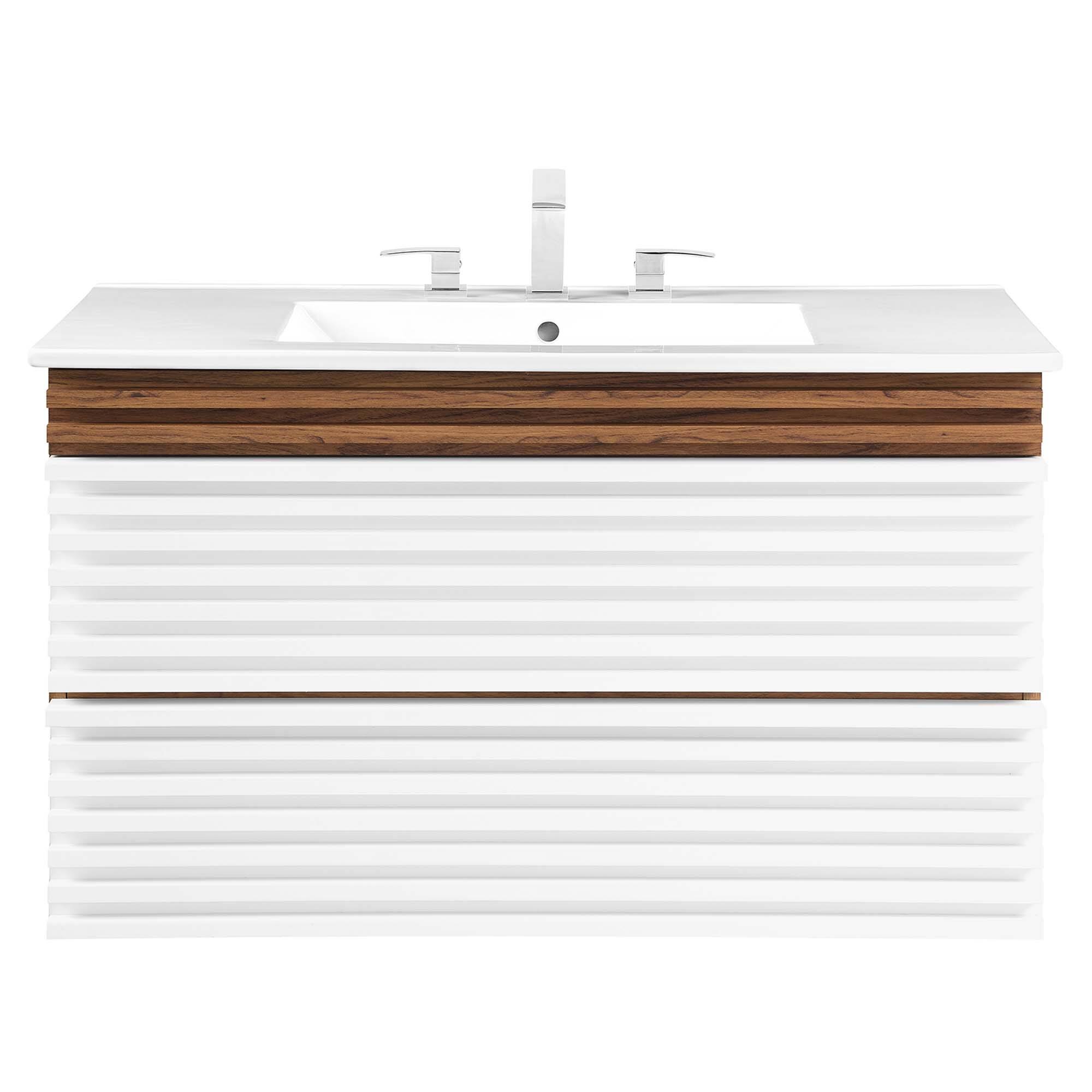 Alt View 3. Modway - Render Wall-Mount Bathroom Vanity with White Basin Included - White Walnut White.