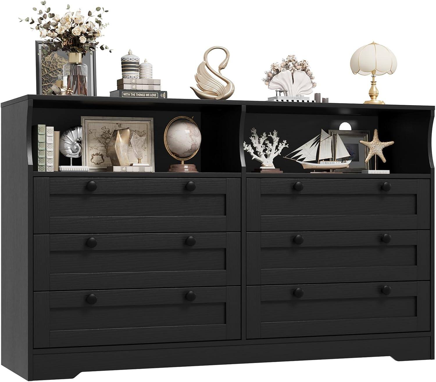 GARVEE - 55" 6 Drawer Dresser, Wood, LED Outlets, Scratch Resistant, Bedroom Organizer, Modern, Cabinet - Black
