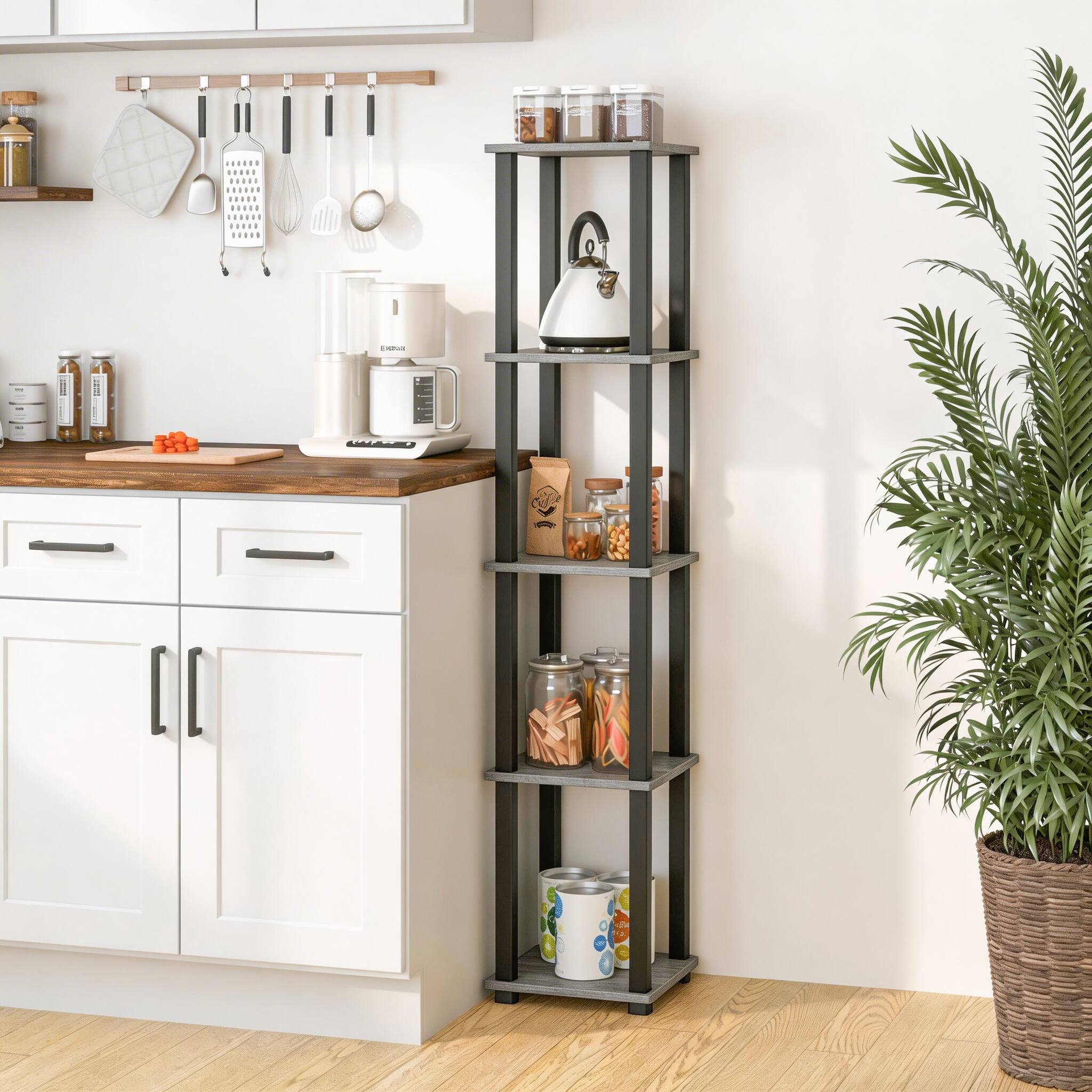 Alt View 1. HOMLUX - 5-Tier 57.7" Corner Shelf Open Shelves for Display for Living Room and Office Organization Gray & Black - Gray & Black.