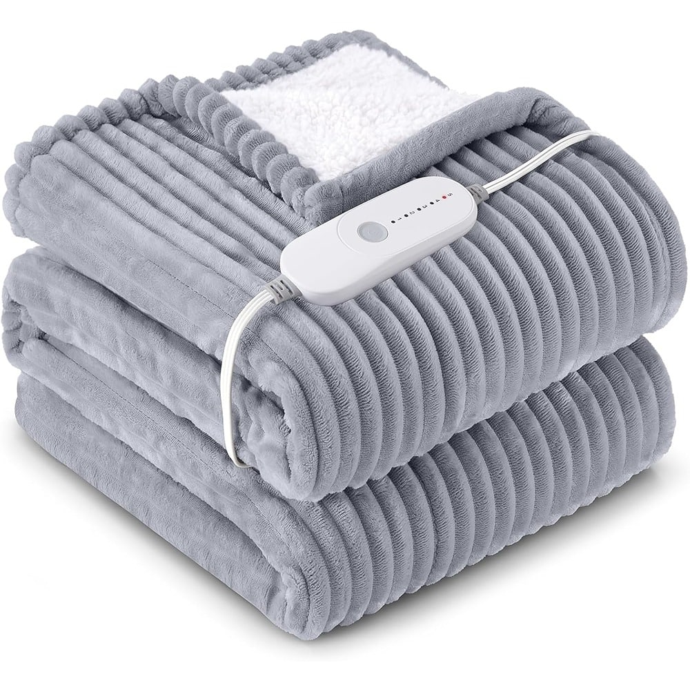 MOSZAR LLC - Heated Throw Blanket – Flannel Sherpa, 5 Heat Settings, Grey - Gray