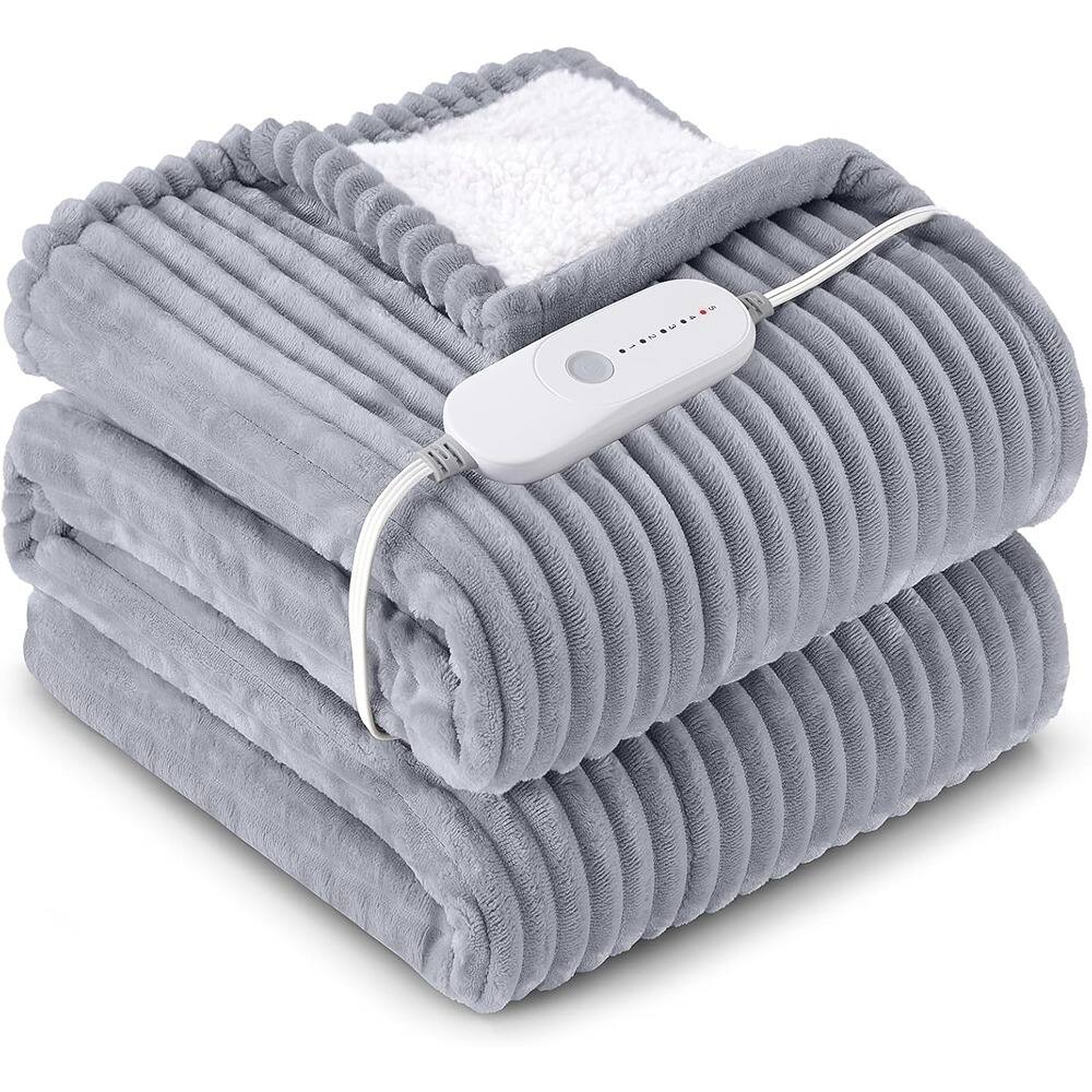 Front. MOSZAR LLC - Heated Throw Blanket – Flannel Sherpa, 5 Heat Settings, Grey - grey.