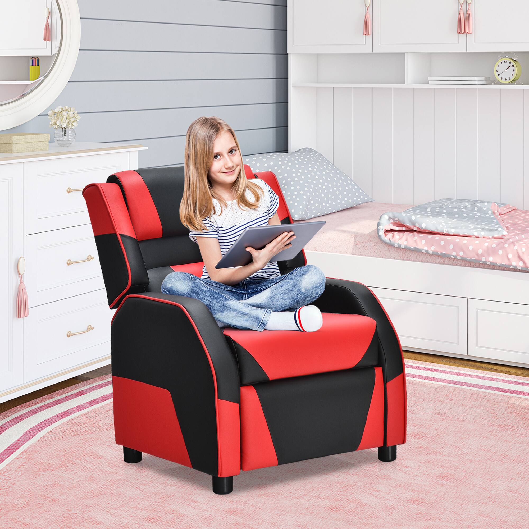 Alt View 3. Gymax - Gymax Gaming Recliner Sofa PU Leather Armchair for Kids Youth w/ Footrest Red - Red.