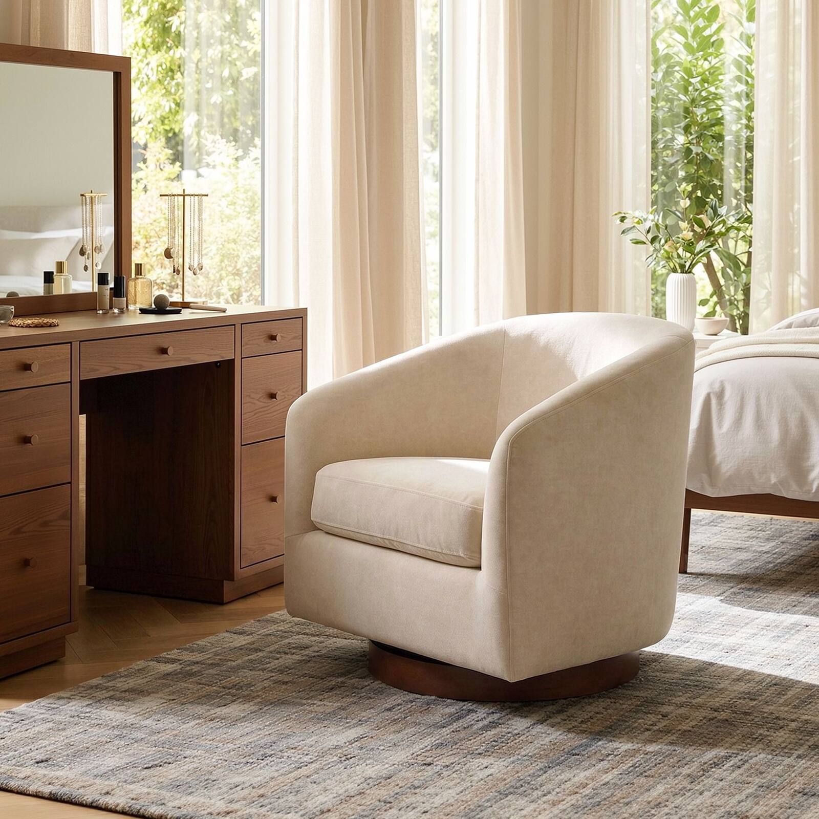 Left. ModernMate - Swivel Accent Chair Upholstered Velvet Fabric Single Sofa Barrel Chair Armchair for Living Room No Assembly Needed - Beige.