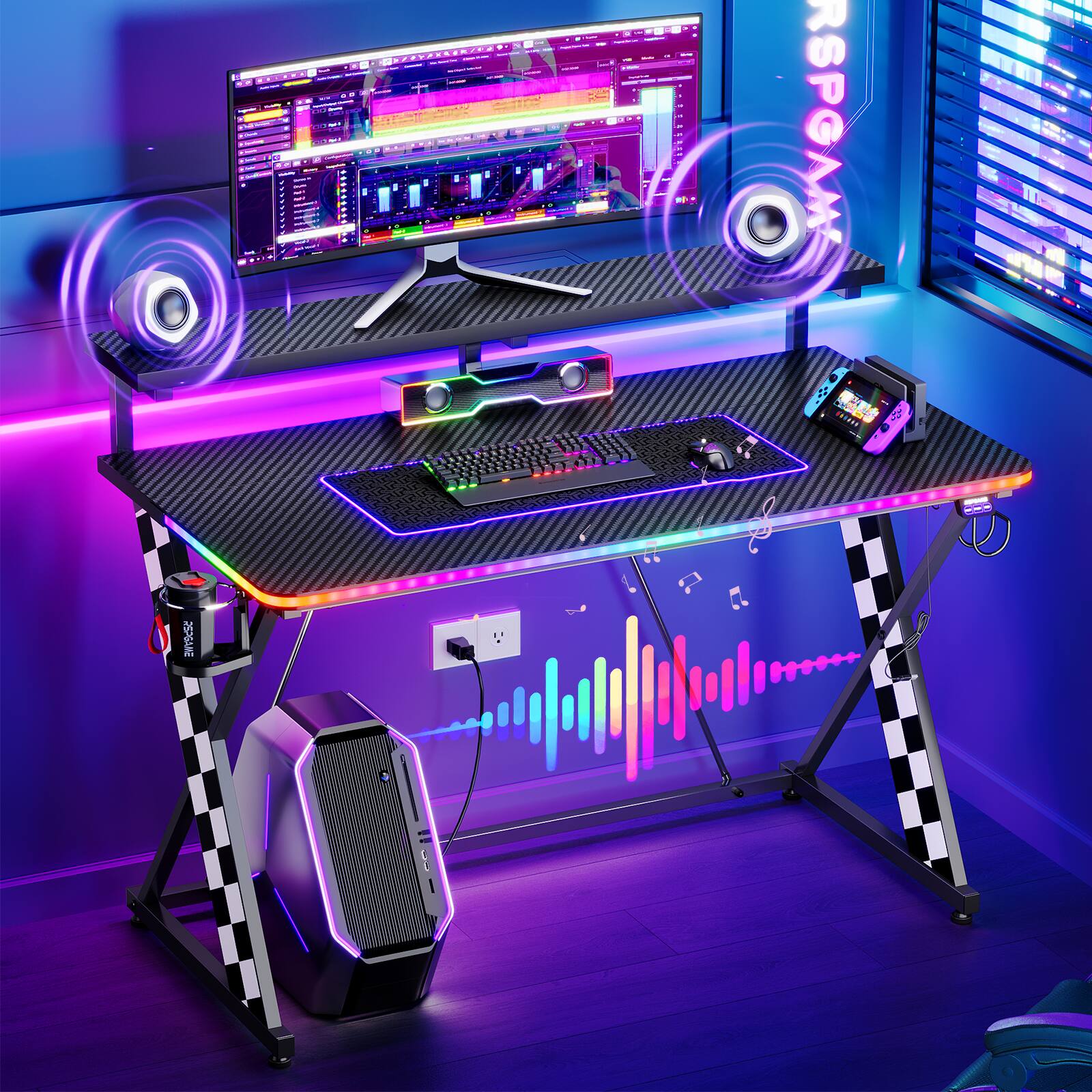 Left. RSPGAME - Basic 43" Music Sync LED Gaming Desk w/ Dynamic Color-Changing & Racing Gear Style,Ergonomic Monitor Stand Computer Desk - Black & White.