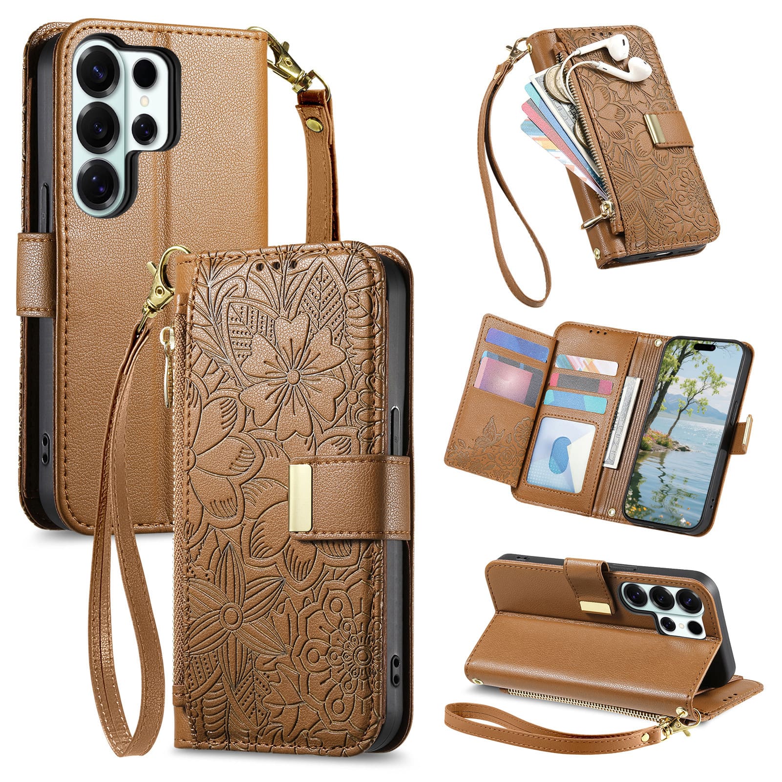 UUCOVER - Floral PU Leather Wallet Case for Samsung Galaxy S26 Ultra with Zipper Pocket, Cash Card Slot, Shoulder & Wrist Strap - Brown price history on PriceWatchPro