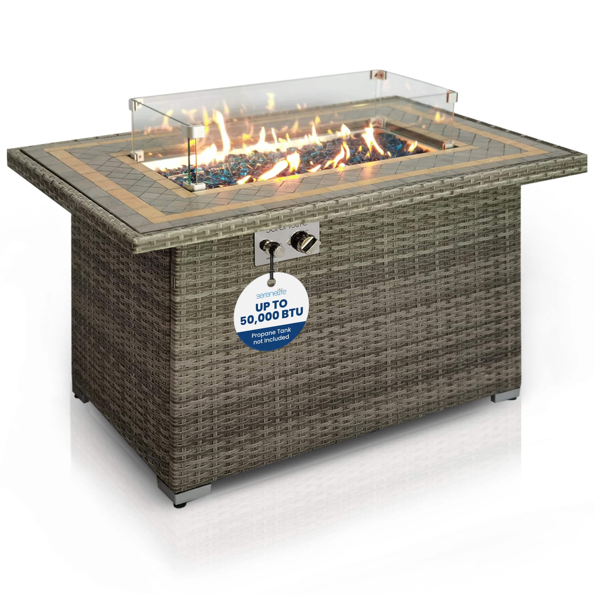 SereneLife - Sturdy Wicker Base Propane Fire Pit Table, 50,000 BTU, Stainless Steel Burner, Weather Resistant - SLNFTAL26 - Brown
