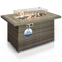 SereneLife - Sturdy Wicker Base Propane Fire Pit Table, 50,000 BTU, Stainless Steel Burner, Weather Resistant - SLNFTAL26 - Brown