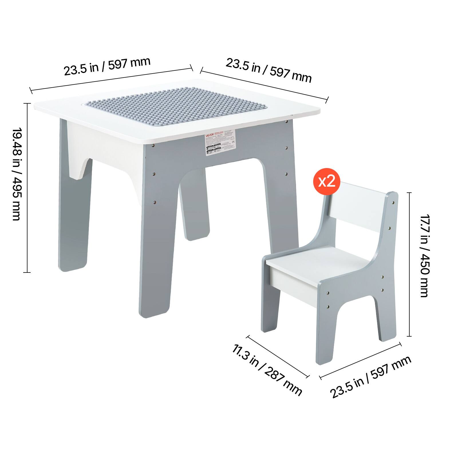 - Table dimensions: 23.5 in / 597 mm (width) x 19.48 in / 495 mm (depth)
- Chair dimensions: 11.3 in / 287 mm (seat height) x 17.7 in / 450 mm (seat width) x 23.5 in / 597 mm (overall height)