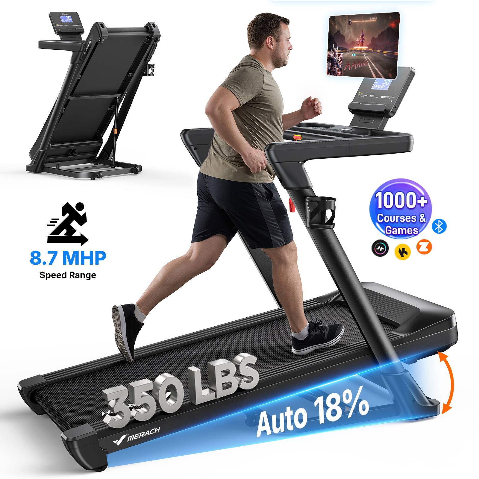 A 20" Screen  
8.7 MHP Speed Range  
1000+ Courses & Games  
350 LBS Capacity  
18% Auto Incline