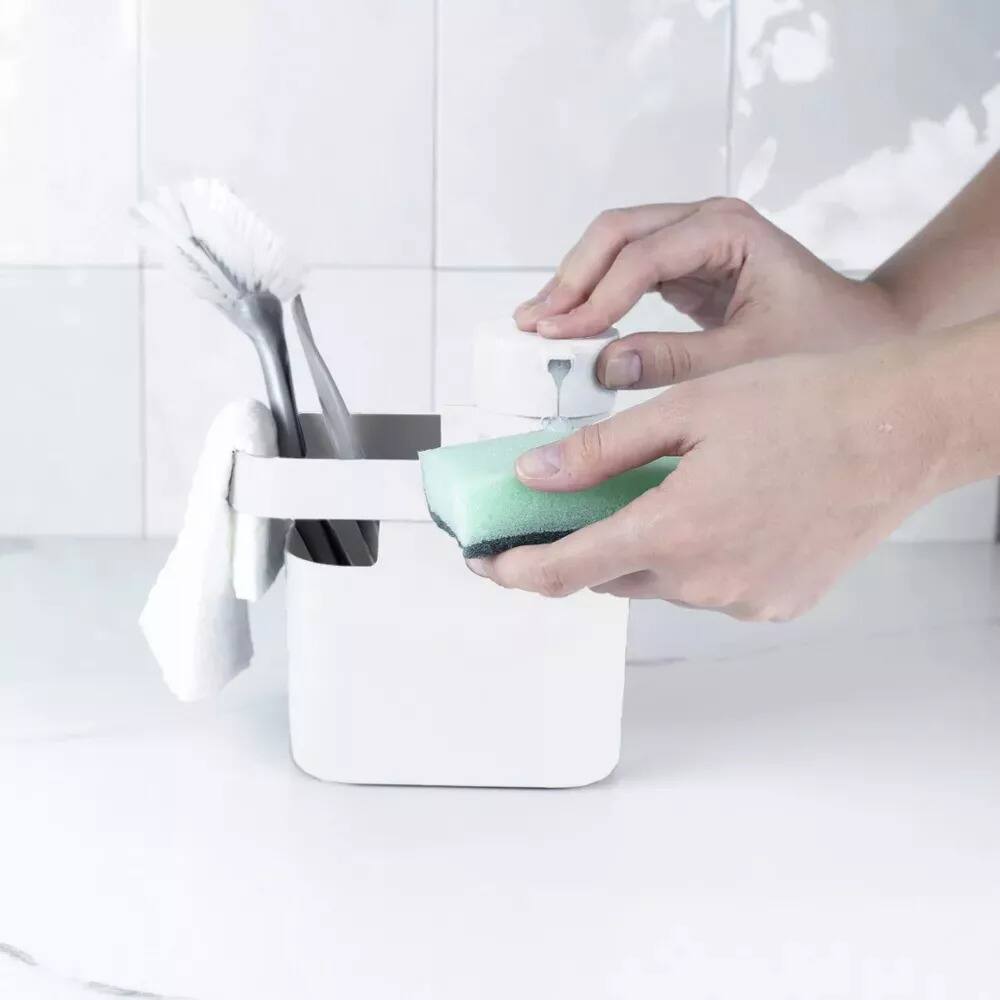 Alt View 4. OU - OU Kitchen Sink Organizer 3pc Set, Dish Rack, Cutlery Drainer & Soap Dispenser Caddy w Sponge Holder - White - White.