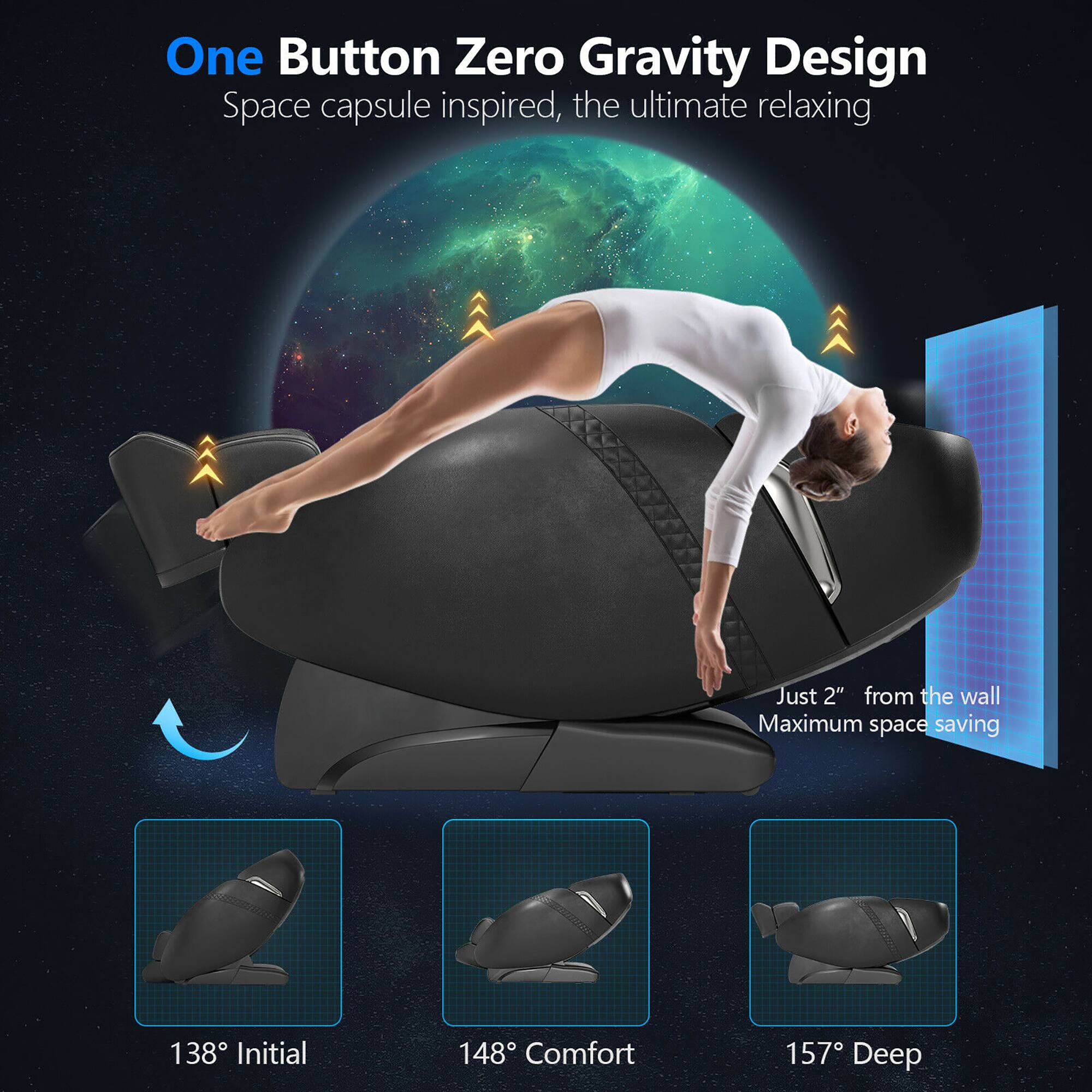 One Button Zero Gravity Design Space capsule inspired, the ultimate relaxing Just 2" from the wall Maximum space saving 138 Initial 148 Comfort 157 Deep