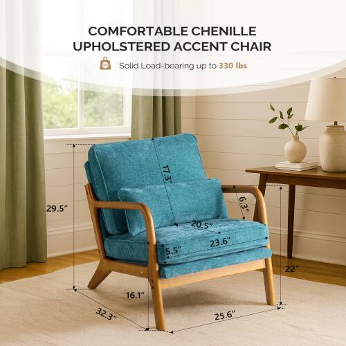 COMFORTABLE CHENILLE UPHOLSTERED ACCENT CHAIR

Solid Load-bearing up to 330 lbs

Dimensions:
- Height: 29.5"
- Width: 25.6"
- Depth: 22"
- Seat Height: 16.1"
- Seat Depth: 20.5"
- Arm Height: 23.6"
- Back Height: 29.5"
- Back Width: 17.3"
- Arm Width: 6.3"