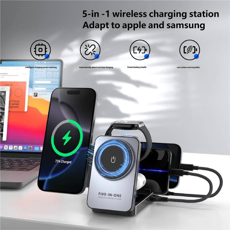 5-in-1 wireless charging station  
Adapt to apple and samsung  

Intelligent charging power matching  
Automatically detect and stop charging  
Protect battery health  
Low carbon and recyclable  

75% Charged  

FIVE-IN-ONE  
WIRELESS CHARGING STATION