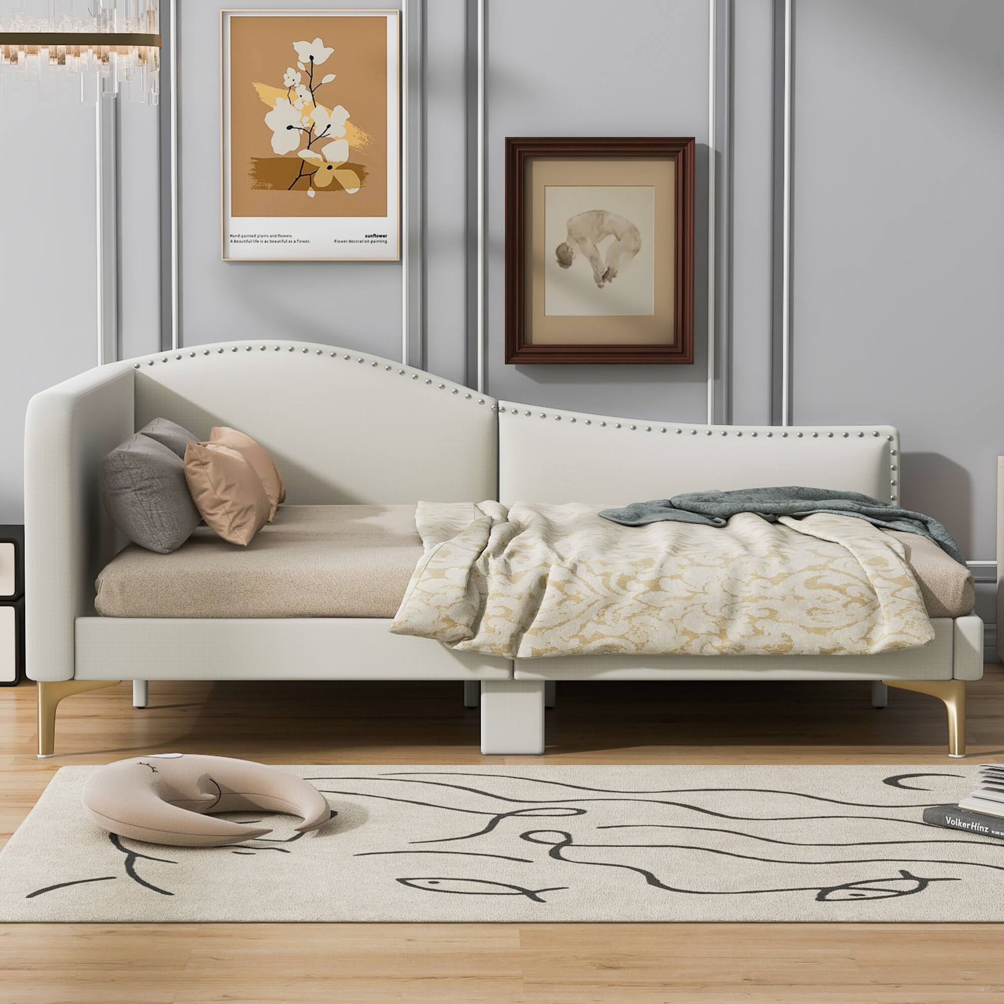Left. GOODSILO - Full Size Upholstered Daybed with Headboard and Armrest, Support Legs - Beige.