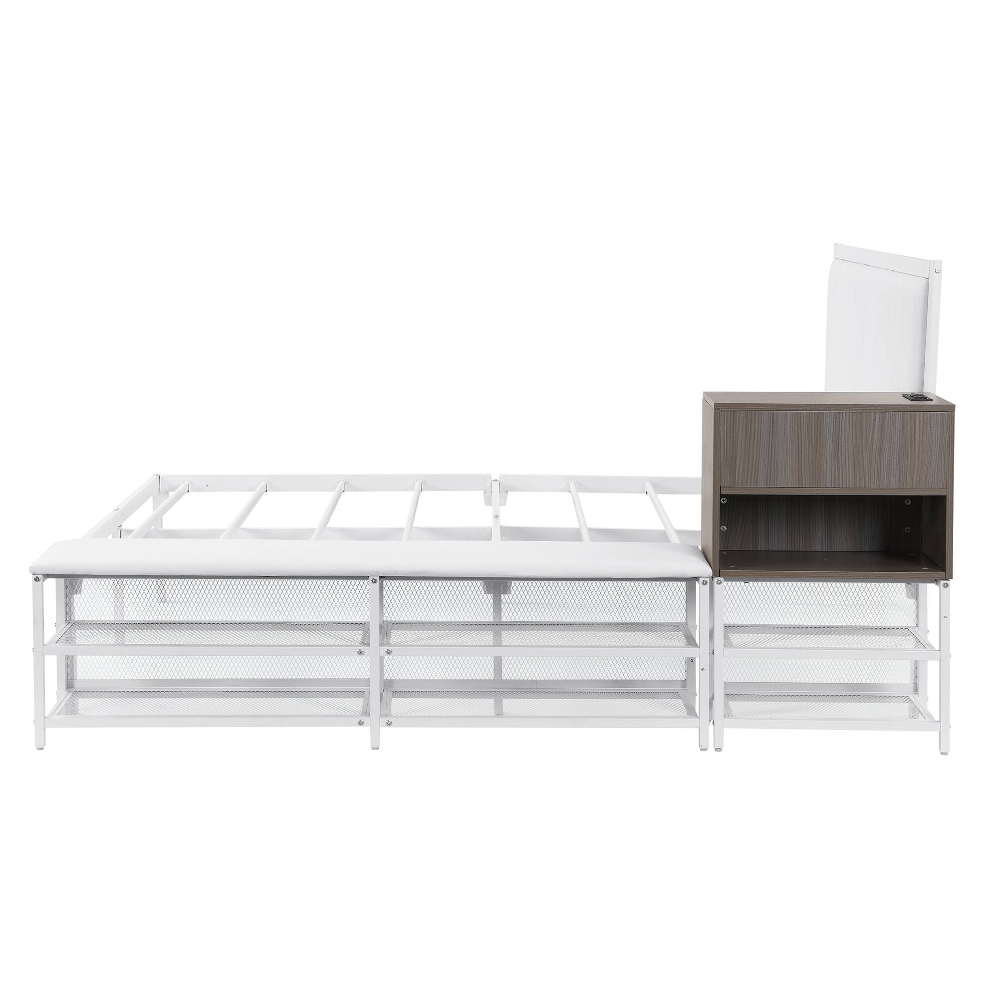 Alt View 4. Tiramisubest - Full size Metal Platform Bed with Two-Tier Storage Shelves, Wooden Storage Cabinet, White - White.