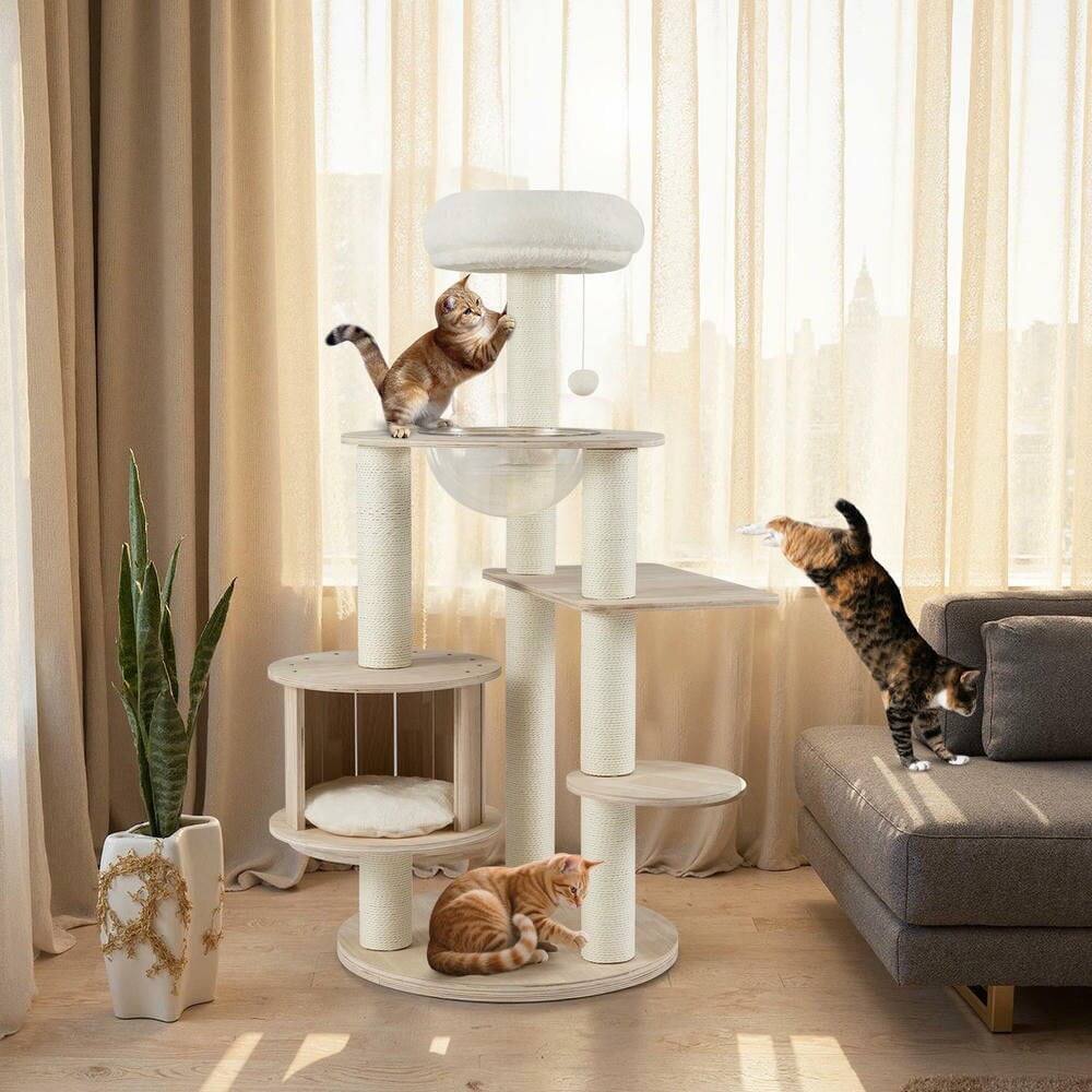 Back. Kadyn - 52-Inch Tall Wooden Multi-Level Cat Climbing Stand with Washable Cushions - Brown.