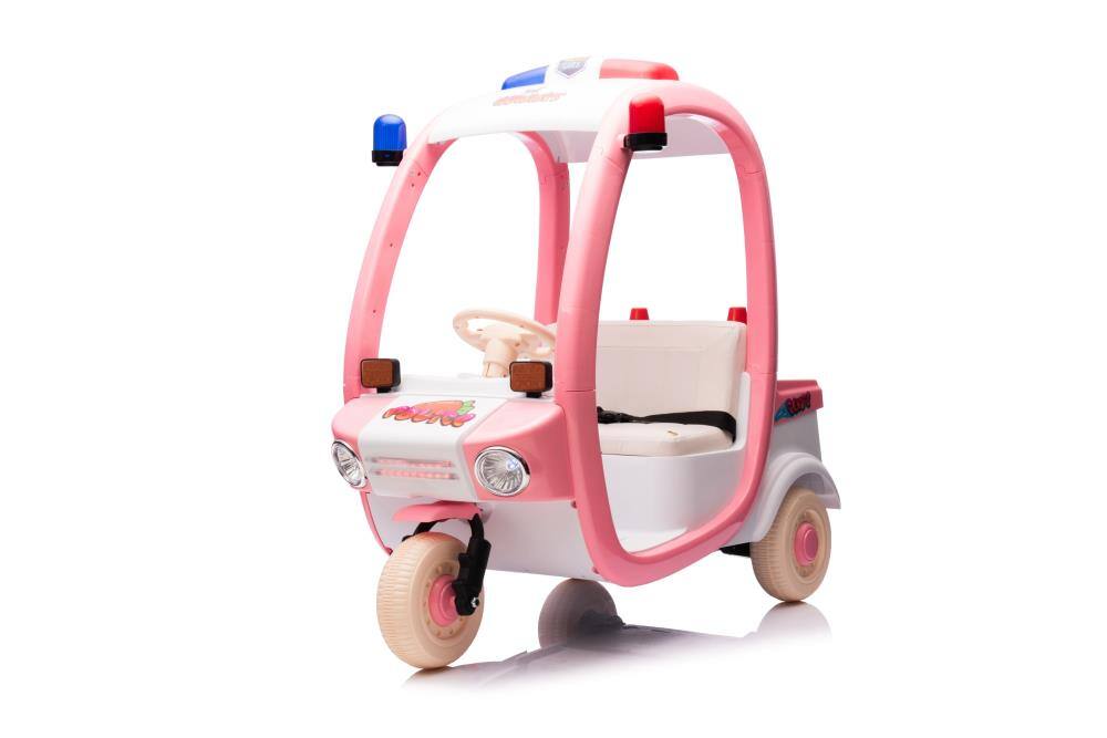 Angle. BreeBe - 12V Electric 3-Wheel Kids Police Car, 2-Seater Ride On Toy with Lights, Music, Bluetooth, Walkie Talkie - Pink.