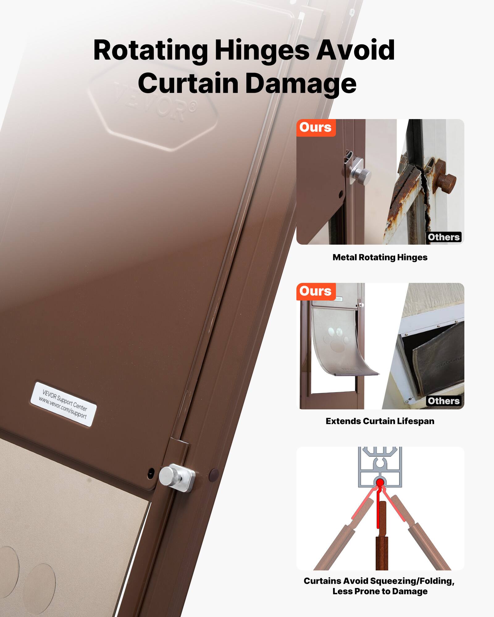 Rotating Hinges Avoid Curtain Damage

VEVOR Ours Others

Metal Rotating Hinges Ours VEVOR Support Center www.vevor.com/support Others

Extends Curtain Lifespan

Curtains Avoid Squeezing/Folding, Less Prone to Damage