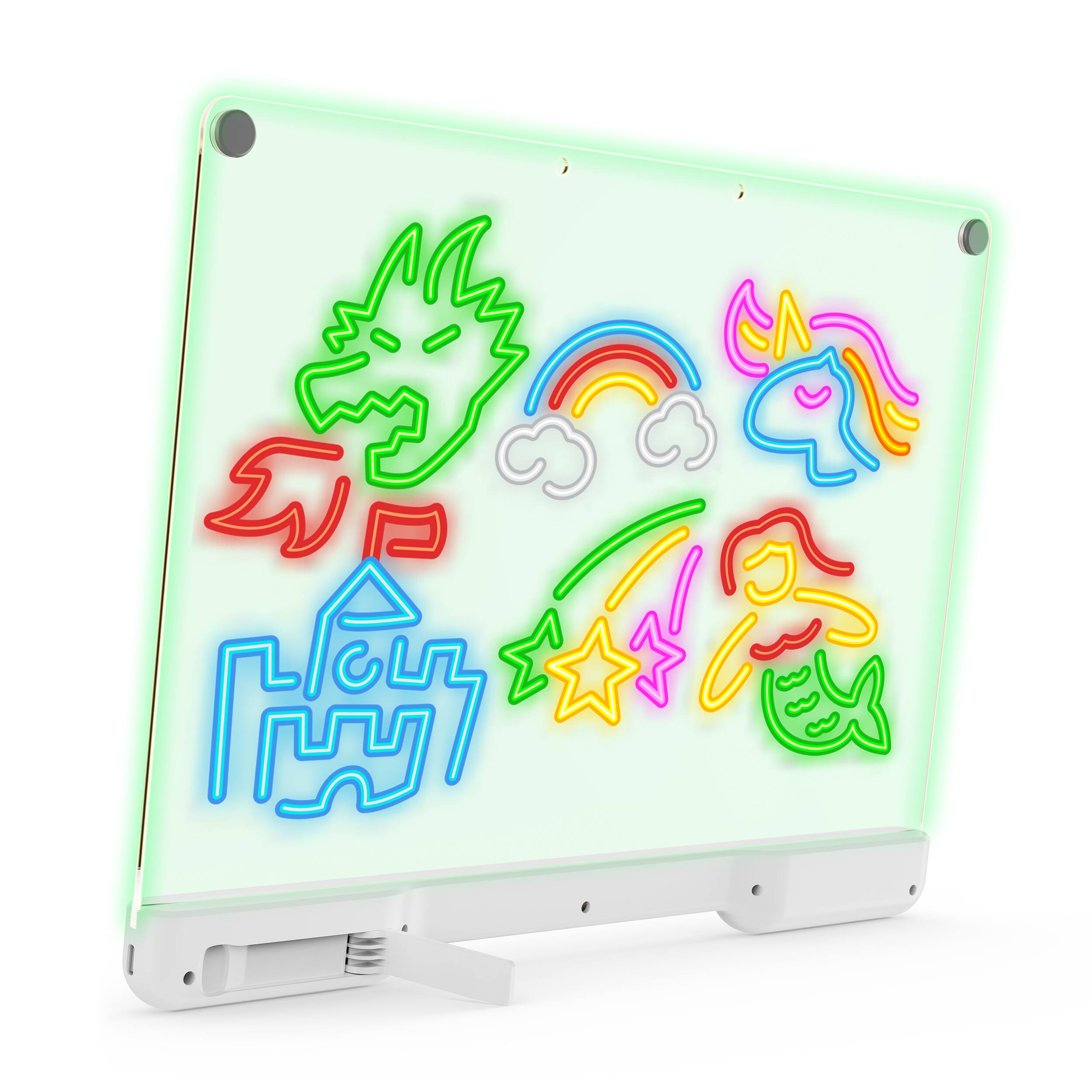 Back. Contixo - WB1 LED Drawing Board for Kids, Light-Up Acrylic Tablet with 12 Neon Markers, USB Reusable Doodle & Tracing Toy.