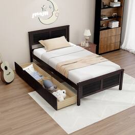 Gymax - Twin Size Wooden Bed Frame with 2 Storage Drawers & Under-bed Storage - Espresso