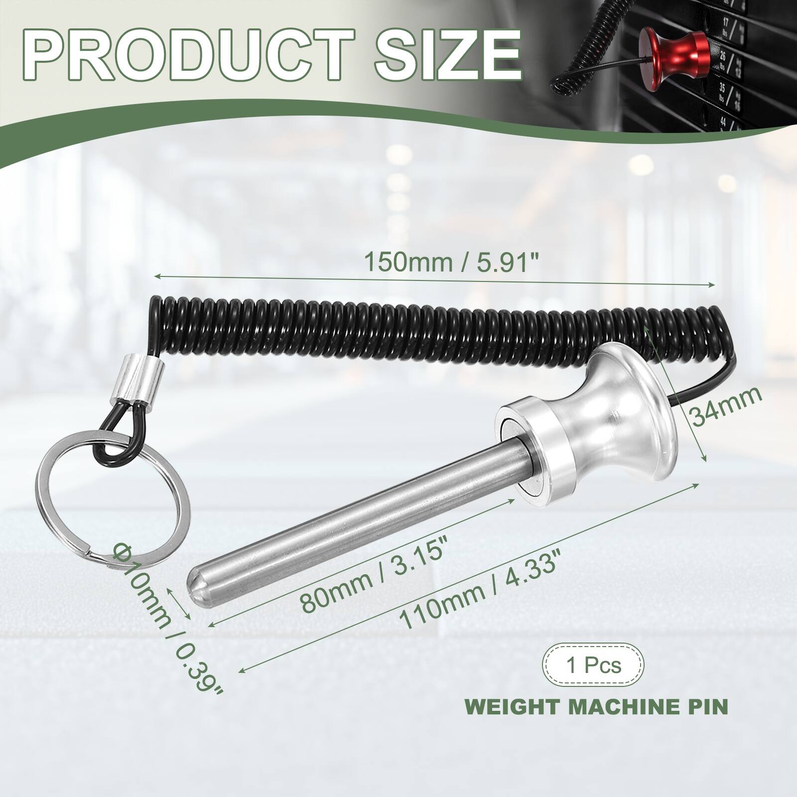 PRODUCT SIZE

150mm / 5.91"  
34mm  
10mm / 0.39"  
3.15"  
4.33"  
80mm / 110mm  

1 Pcs  

WEIGHT MACHINE PIN