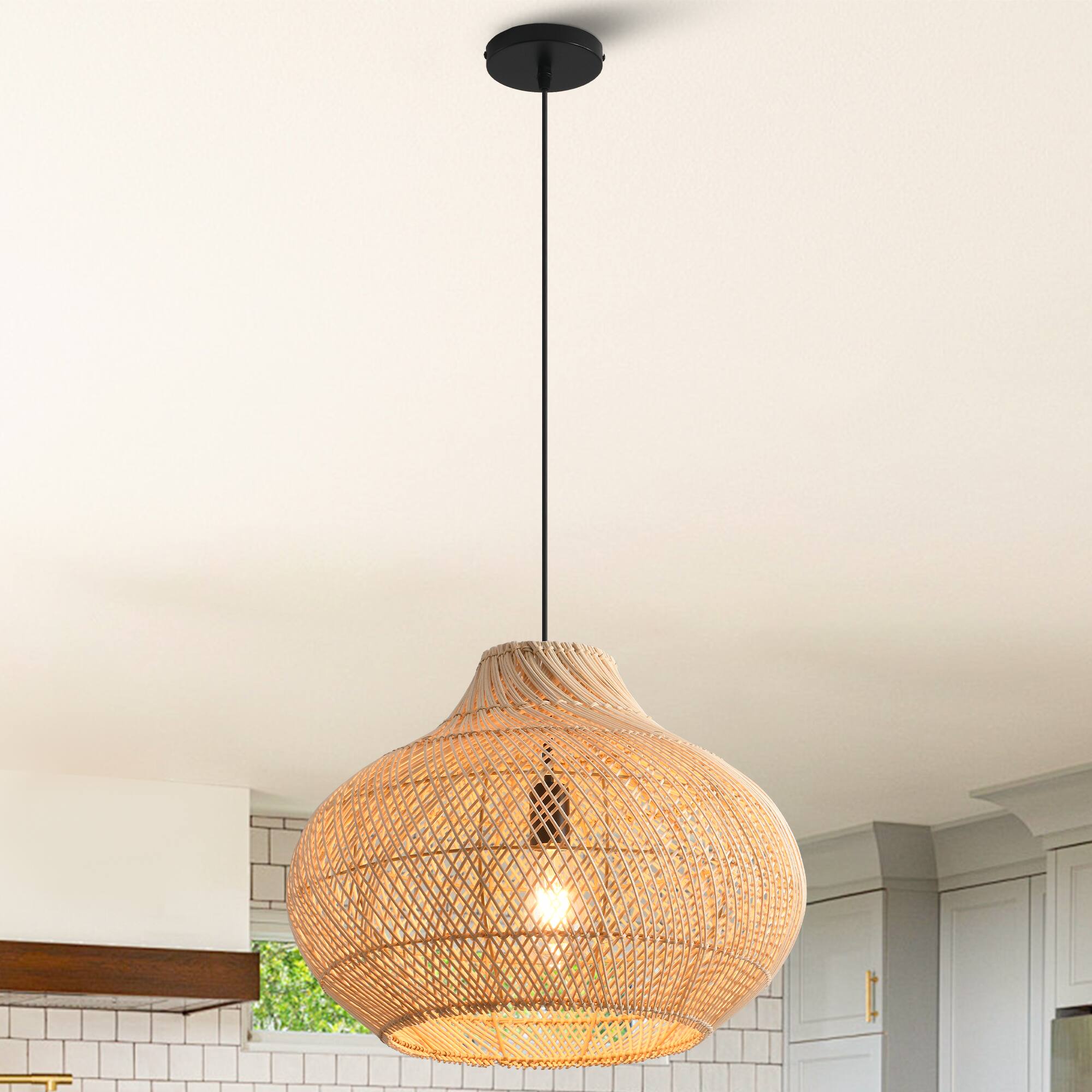 Back. Parrot Uncle - 1-Light Retro Brown Rattan Hand-Woven Dome Hanging Pendant Light - Brown.