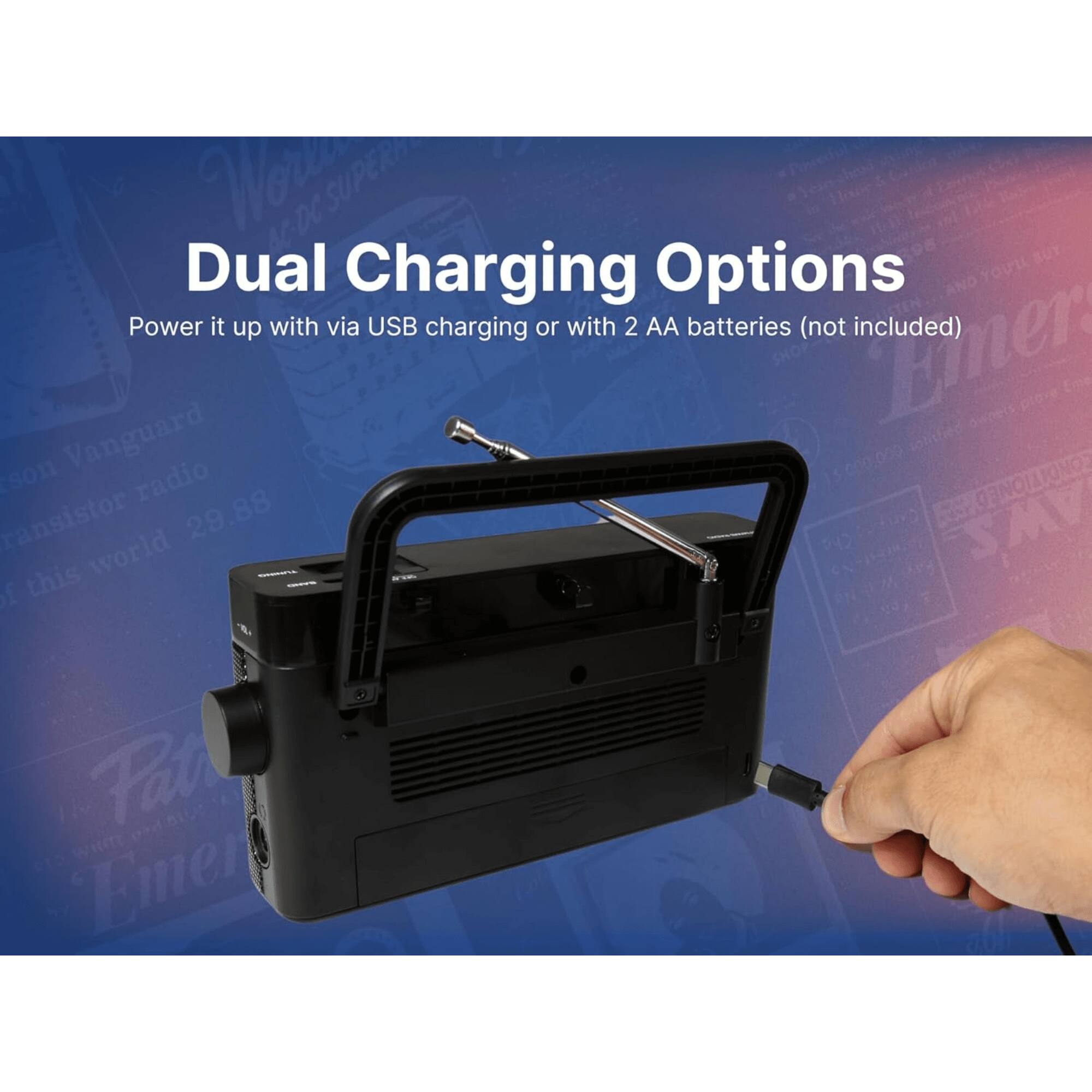 Wow N-DC SUPERN SUT Dual Charging Options Power it up with via USB charging or with 2 AA batteries (not included) Einer son Vanguard radio CENOIAIONO ransistor 29.88 AWS this world A Pat Emer