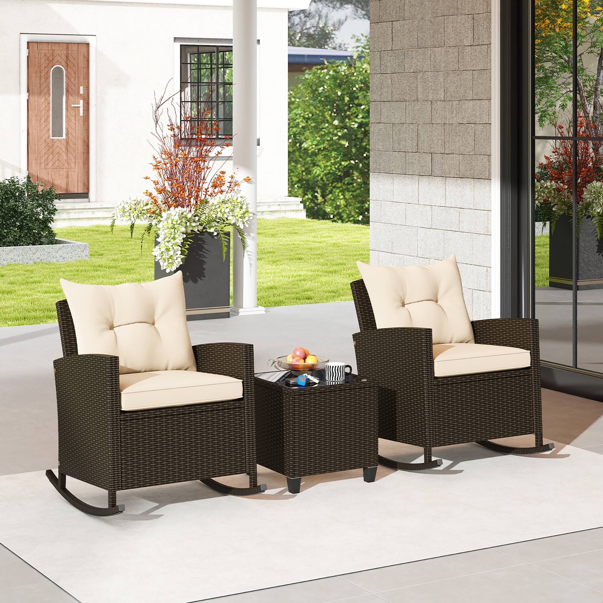 Alt View 8. Gymax - Gymax 3 Piece Outdoor Rocking Set Rattan Rocking Chair Set w/ Tempered Glass Table Seat - Beige, Mix Brown.