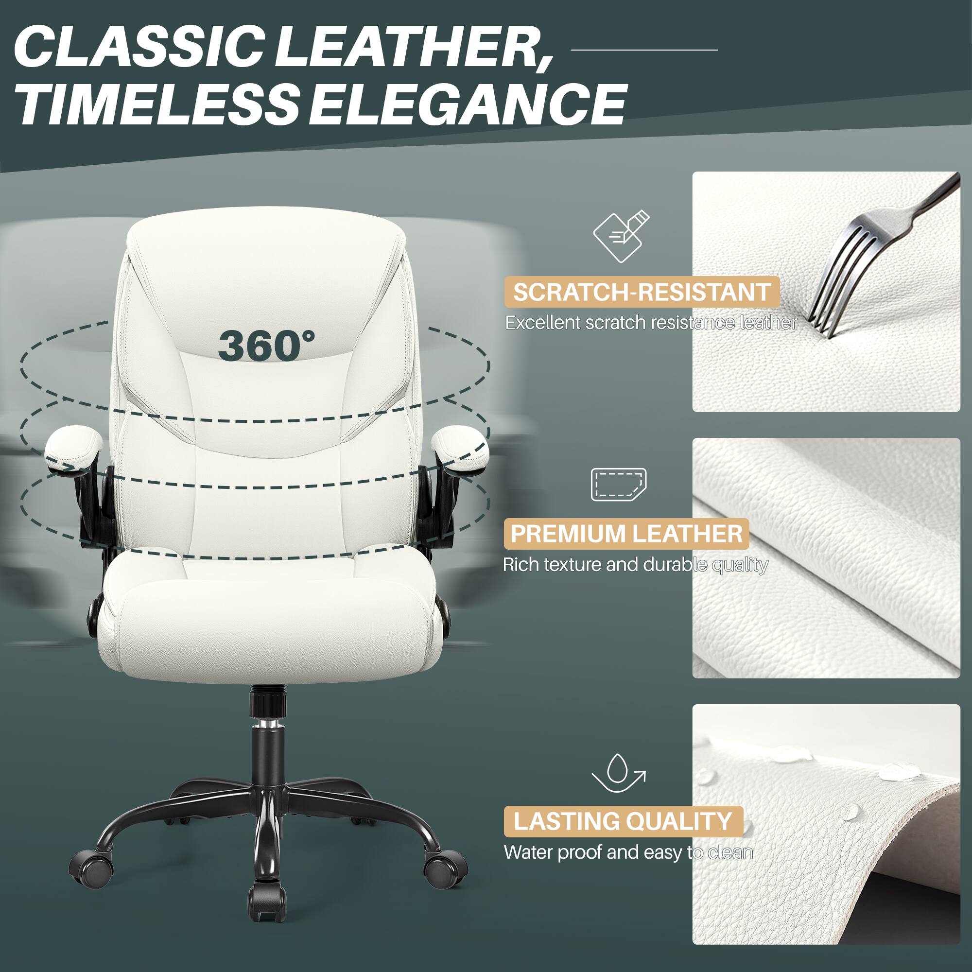 CLASSIC LEATHER, TIMELESS ELEGANCE

360°

SCRATCH-RESISTANT
Excellent scratch resistance leather.

PREMIUM LEATHER
Rich texture and durable quality.

LASTING QUALITY
Water proof and easy to clean.