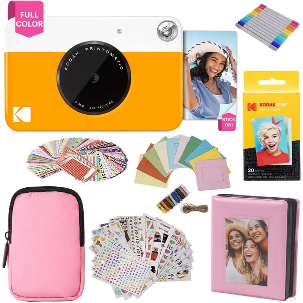 Kodak - Printomatic Instant Print Camera Gift Bundle w/Pink Soft Case, 20-Pack Zink Photo Paper & More - Yellow