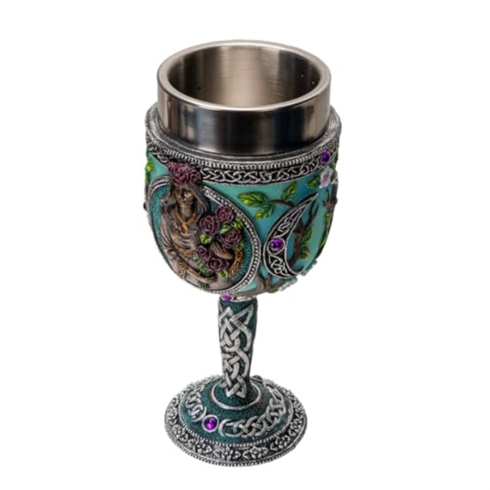 Left. Pacific Trading - Triple Goddess Wine Goblet Chalice Cup Made of Polyresin With Stainless Steel Cup - Multicolor.