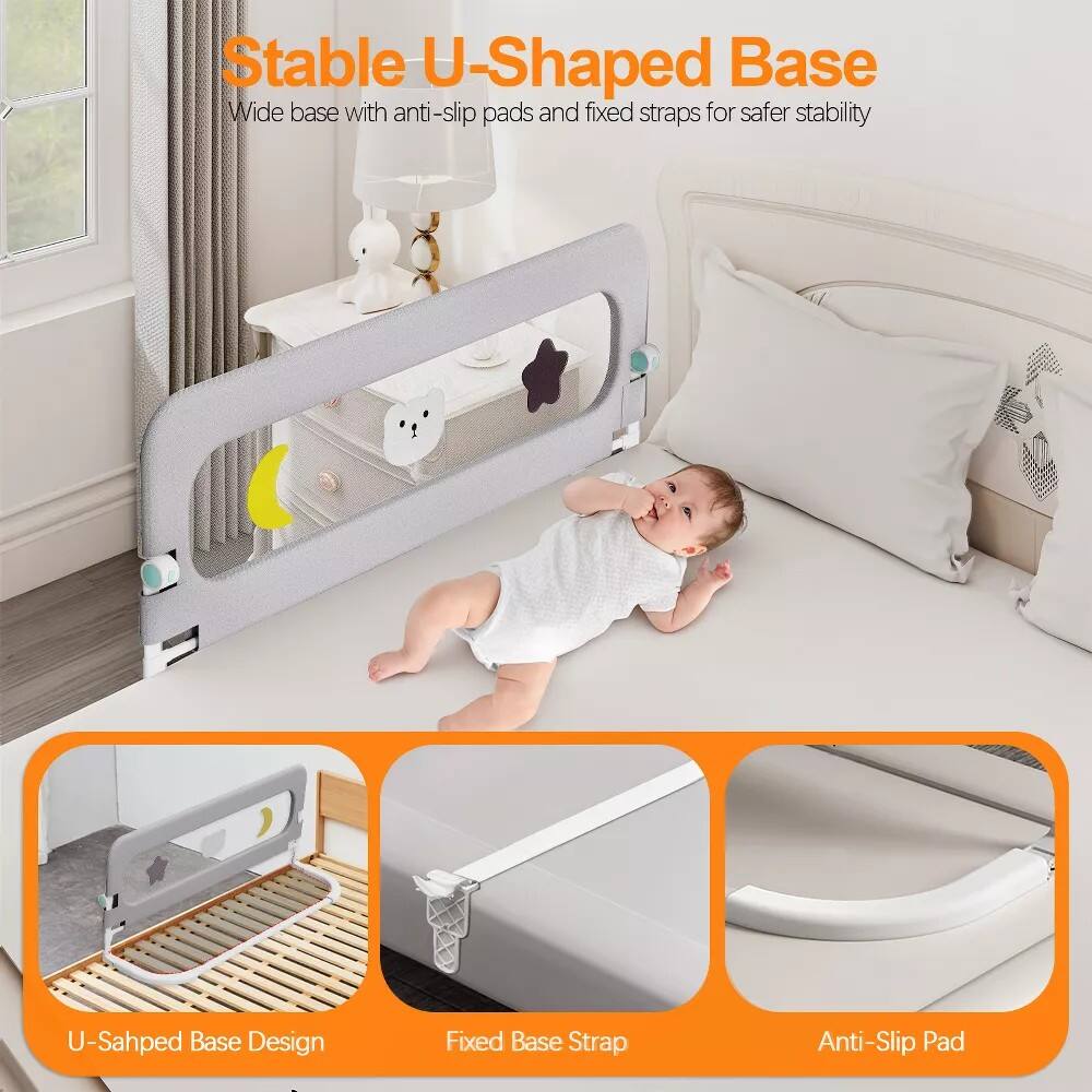Alt View 3. SKONYON - 69" Bed Guard Rail for Toddlers with 14-Level Height Adjustment, Foldable Mesh Panel and U-Shaped Base - Gray.