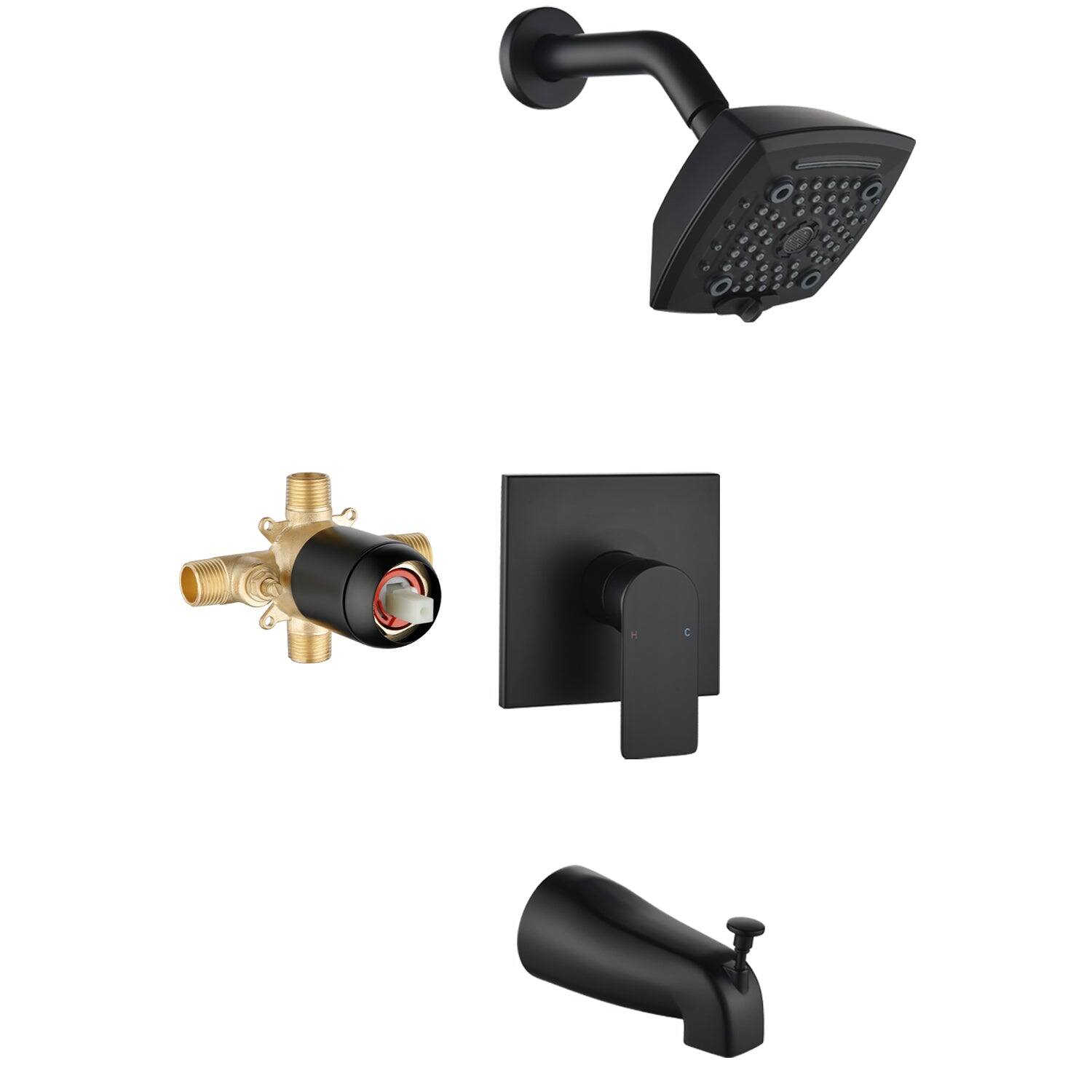 Front. Boyel Living - Black Brass Shower Faucet Set Pressure Balance Valve 5-Function ABS Top Spray Lift-Up Spout 1/2NPT Thread - Matte Black.