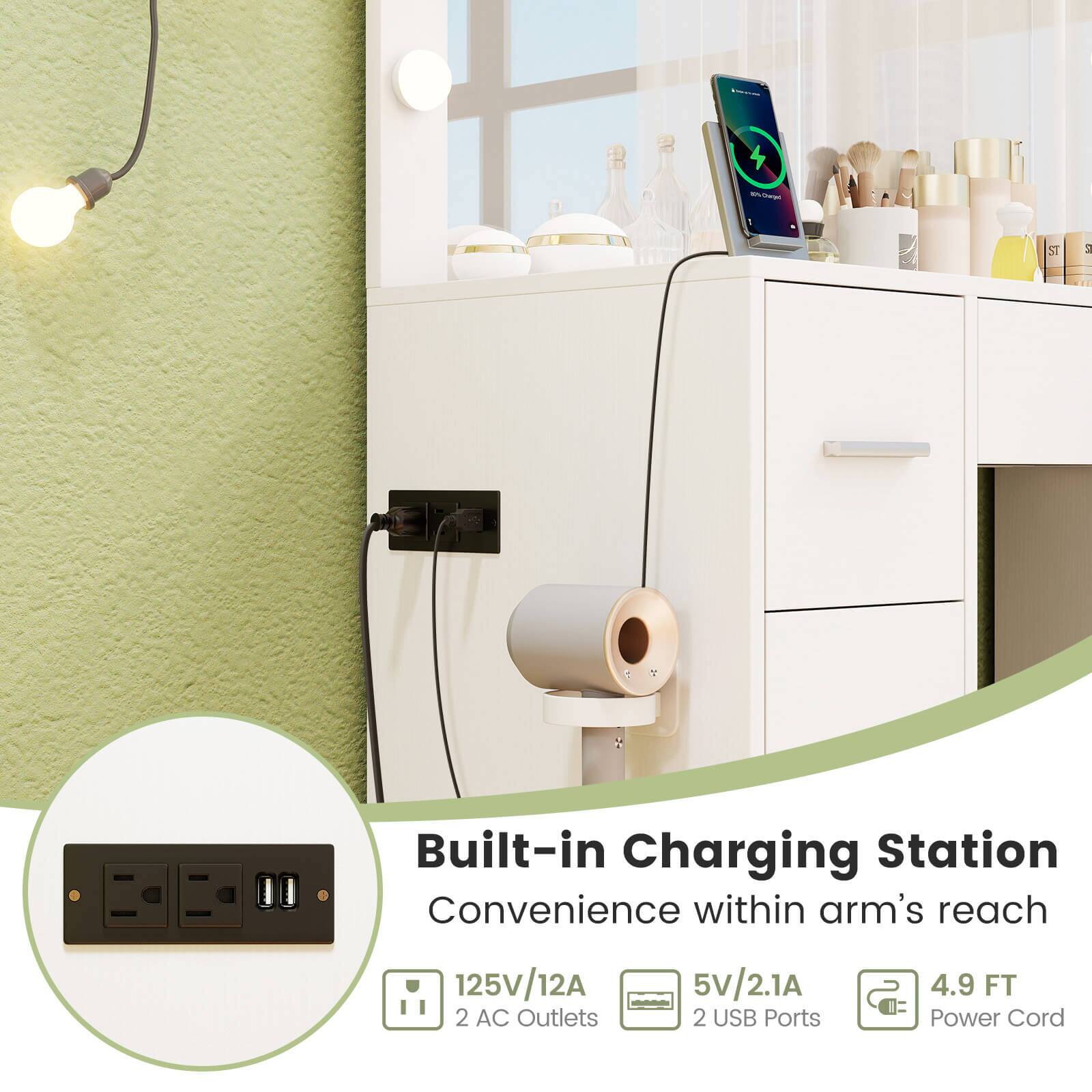Built-in Charging Station  
Convenience within arm's reach  

125V/12A  
2 AC Outlets  
5V/2.1A  
2 USB Ports  
4.9 FT Power Cord