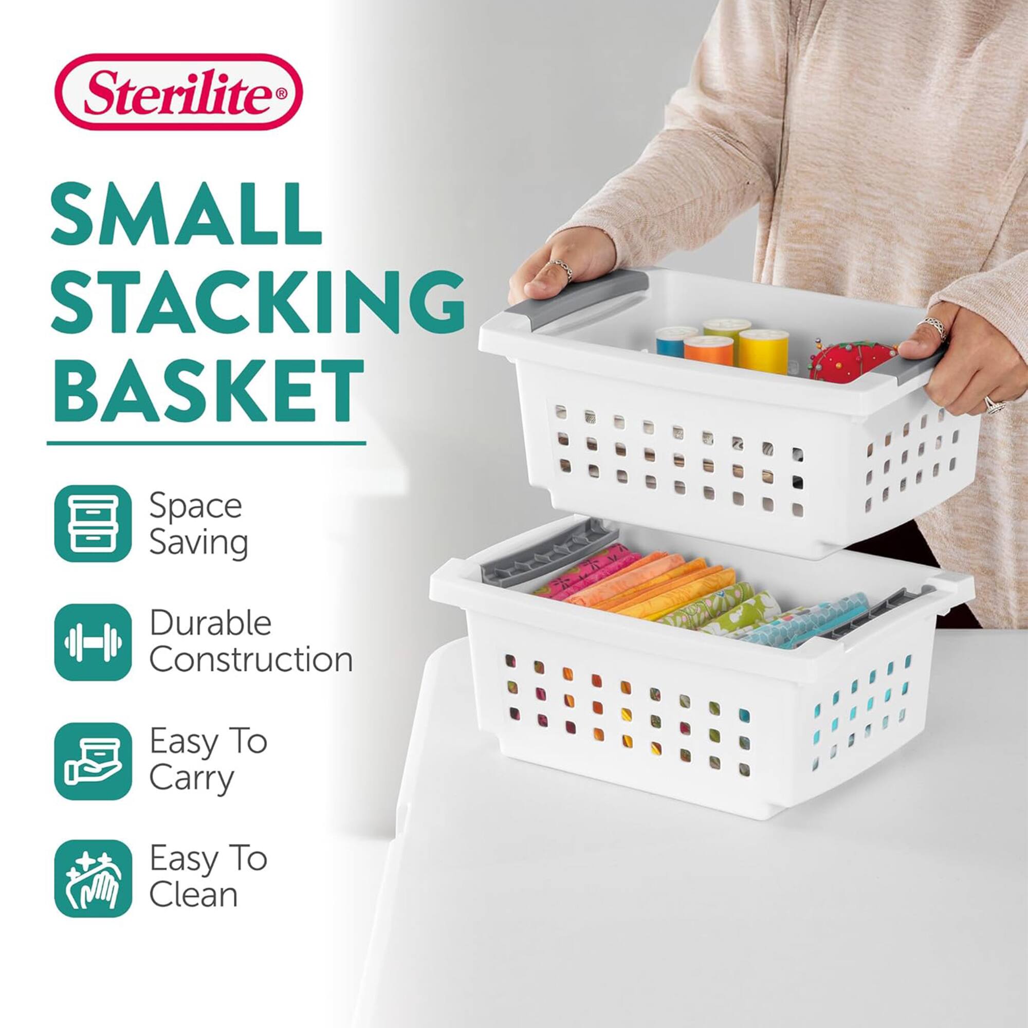 Sterilite SMALL STACKING BASKET  
Space Saving  
Durable Construction  
Easy To Carry  
Easy To Clean